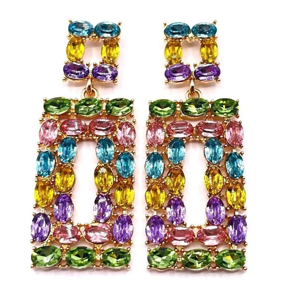 Yellow Gold with Multicolor Crystal Rectangle Dangling Post Back Earrings
